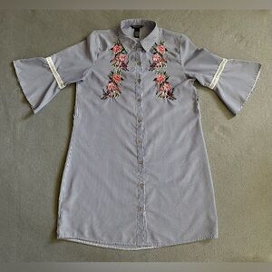 Millenium Shirt Dress Small Blue Striped Floral Embroidered Button Bell Sleeves